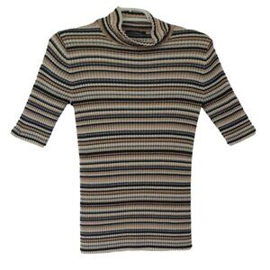 T TAHARI, Striped short-sleeved turtleneck pullover, made of rayon and nylon, S